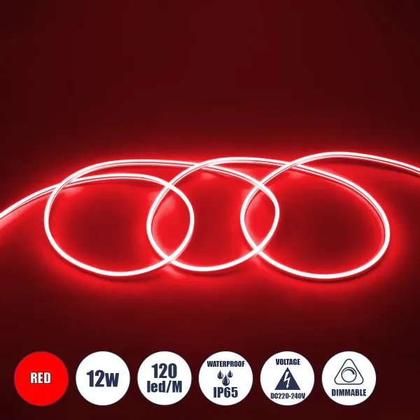 GLOBOSTAR® NEOVALE 70573 Ταινία Neon Flex LED 12W/m 600lm/m 120° DC 220-240V Αδιάβροχο IP65 120 x SMD2835 Chip/m Κόκκινο Dimmable - Μ100 x Π0.8 x Υ1.6cm - 3 Χρόνια Εγγύηση