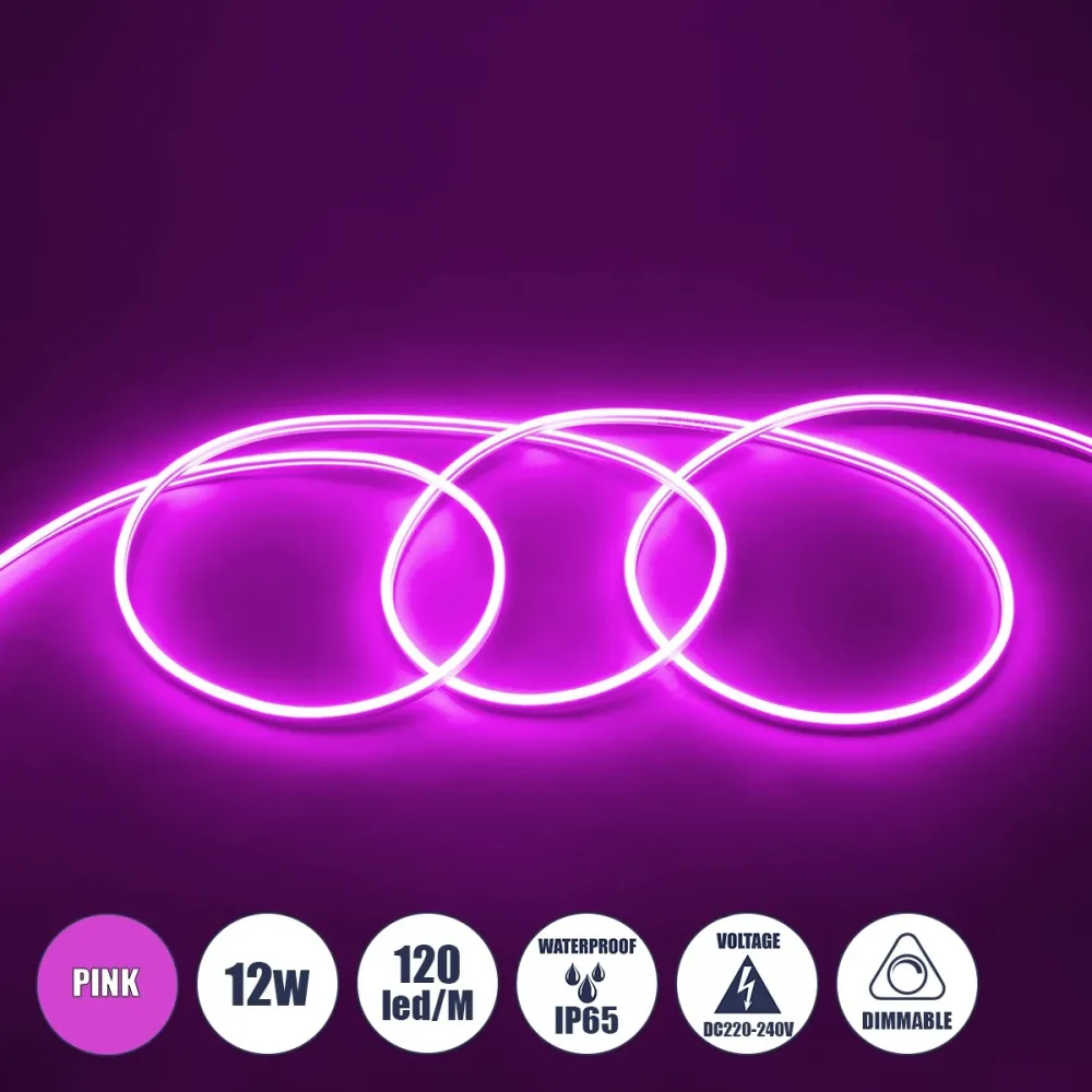 GLOBOSTAR® NEOVALE 70577 Ταινία Neon Flex LED 12W/m 600lm/m 120° DC 220-240V Αδιάβροχο IP65 120 x SMD2835 Chip/m Ροζ Dimmable - Sanan SMD Chip - Μ100 x Π0.8 x Υ1.6cm - 3 Χρόνια Εγγύηση
