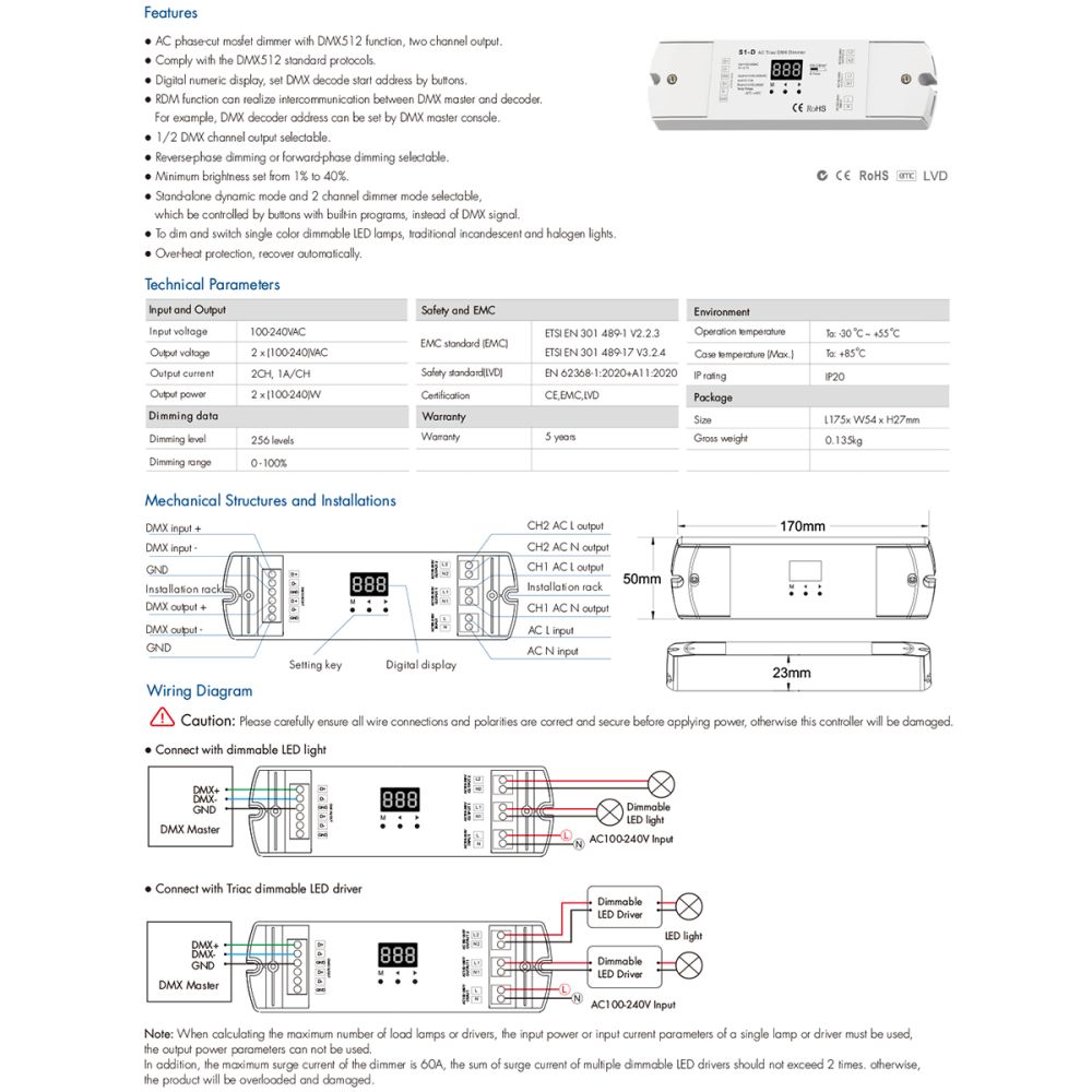 GLOBOSTAR® SKYDANCE-S1-D 70671 AC Trailing Edge DMX Dimmer με 2 x 1A 240W Κανάλια AC 220-240V 2A 480W Max IP20 - DMX512 & RDM - Μ16.7 x Π5 x Υ2.4cm - 5 Χρόνια Εγγύηση