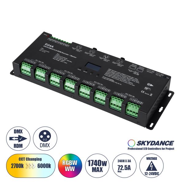 GloboStar® 70673 D24A SKYDANCE DC DMX & RDM Dimmer High Speed Controller / Decoder / Master 24 Καναλιών DC 12-24V 24 x 3A 72W - Max 72.5A 1740W - IP20 DMX512 Μ16.7 x Π5 x Υ2.4cm - 5 Years Warranty