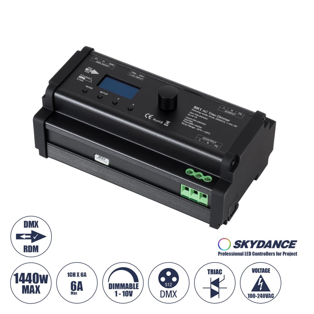 GLOBOSTAR® SKYDANCE-SK1 70674 AC Trailing Edge DMX Dimmer Ράγας με 1 x 6A 1440W Κανάλι AC 220-240V 6A 1440W Max IP20 - DMX512 & RDM - Μ16.8 x Π9.3 x Υ8cm - 5 Χρόνια Εγγύηση
