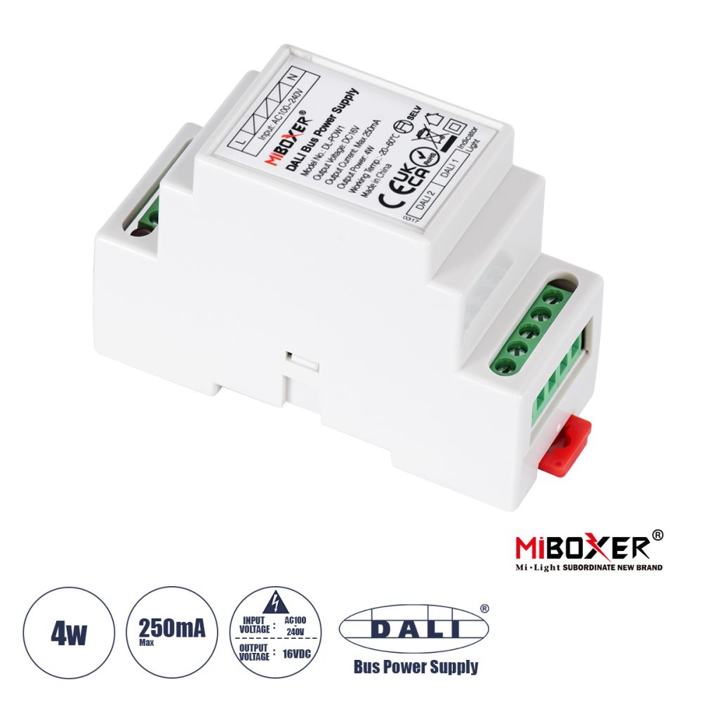 GLOBOSTAR® MiBOXER-DL-POW1 71420 DC DALI BUS Τροφοδοτικό/Μετασχηματιστής SELV Ράγας με 2 x 125mA 2W Κανάλια AC 220-240V σε DC 16V 250mA 4W Max IP20 - DALI BUS - Μ9 x Π3.4 x Υ6cm - 5 Χρόνια Εγγύηση