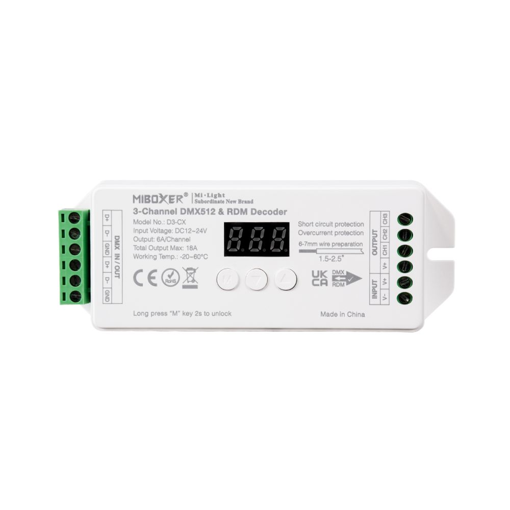GloboStar® 71425 D3-CX Mi-BOXER DC DMX & RDM Dimmer High Speed Controller / Decoder 3 Καναλιών DC 12-24V 3 x 6A 144W - Max 18A 432W - IP20 Μ13 x Π5 x Υ2.5cm - 5 Years Warranty