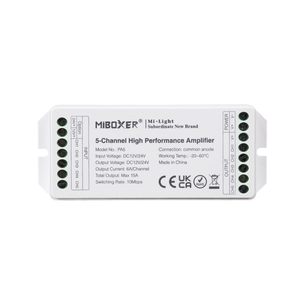 GLOBOSTAR® MiBOXER-PA5 71429 DC Ενισχυτής Ισχύος & Σήματος Υψηλής Ταχύτητας με 5 x 6A 144W Κανάλια DC 12-24V 15A 360W Max IP20 - Μ11.4 x Π4.9 x Υ2.8cm - 5 Χρόνια Εγγύηση