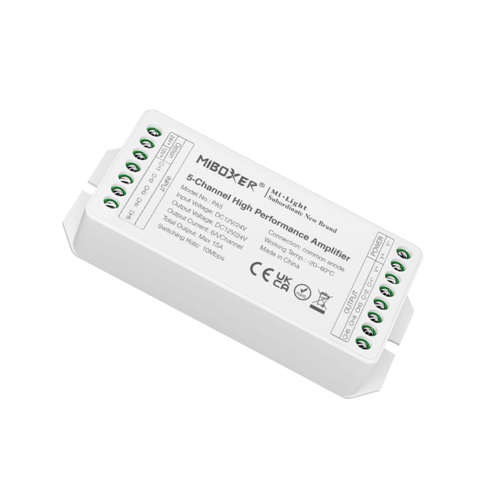 GLOBOSTAR® MiBOXER-PA5 71429 DC Ενισχυτής Ισχύος & Σήματος Υψηλής Ταχύτητας με 5 x 6A 144W Κανάλια DC 12-24V 15A 360W Max IP20 - Μ11.4 x Π4.9 x Υ2.8cm - 5 Χρόνια Εγγύηση