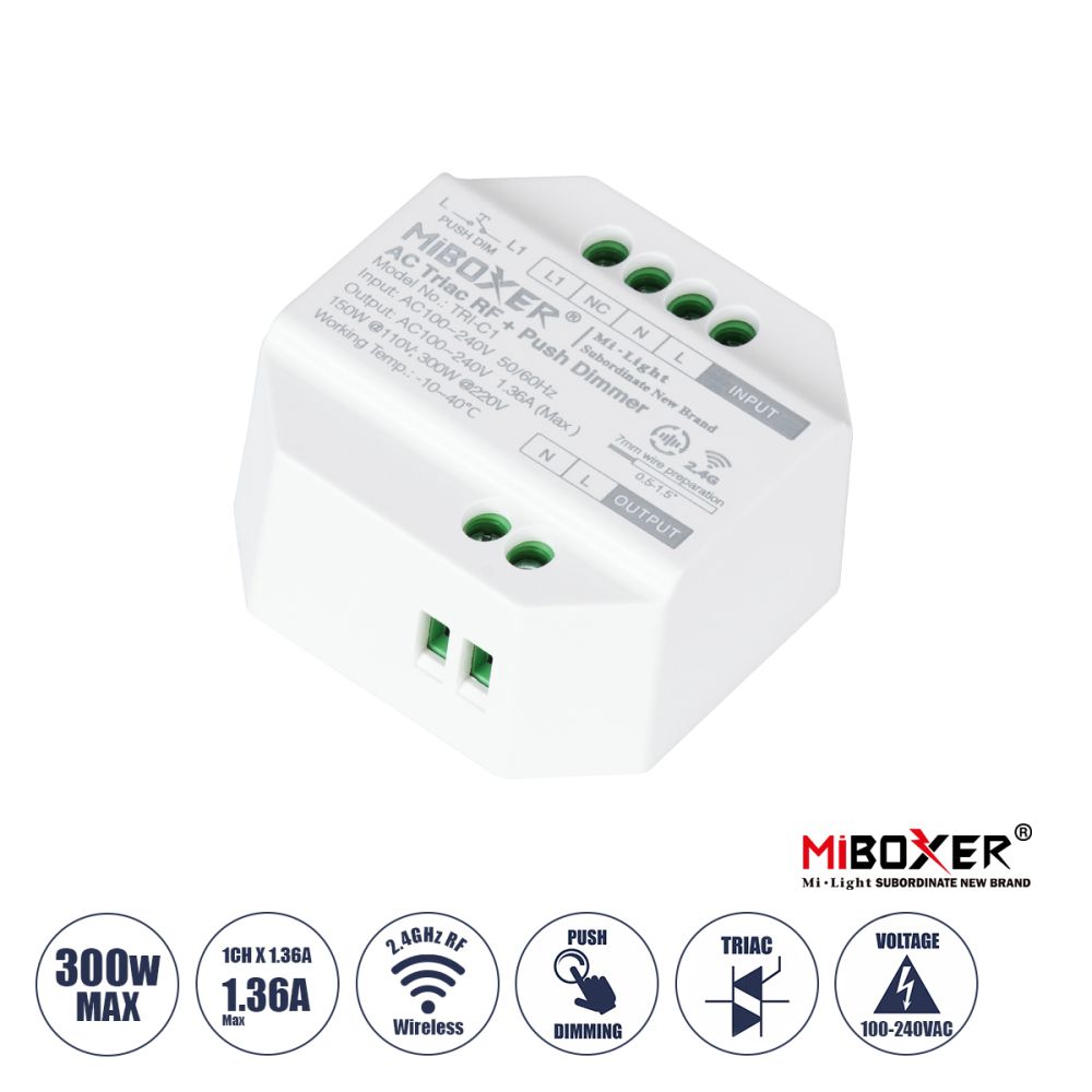 GLOBOSTAR® MiBOXER-TRI-C1 71432 AC Triac RF 2.4Ghz & Push Dimmer με 1 x 1.36A 300W Κανάλι AC 220-240V 1.36A 300W Max IP20 - RF 2.4Ghz & Push Dimming - Μ5 x Π5 x Υ2.3cm - 5 Χρόνια Εγγύηση