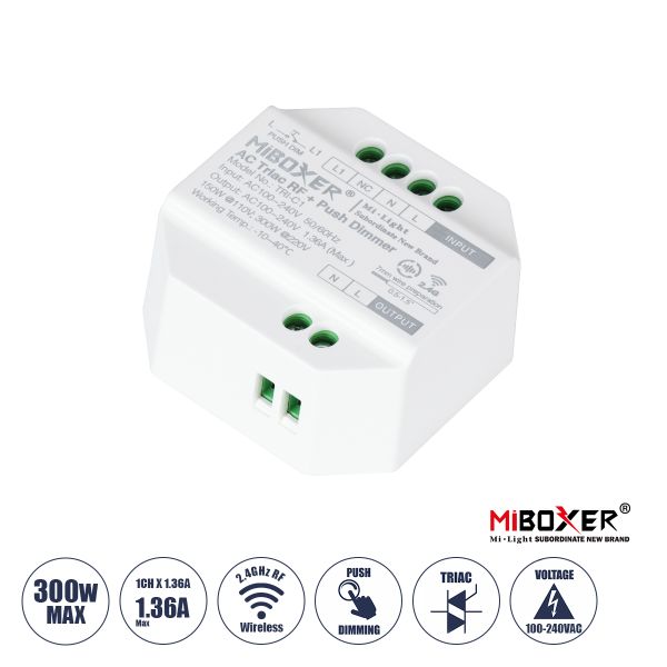 GloboStar® 71432 TRI-C1 Mi-BOXER AC Triac & RF 2.4Ghz & Push Dimmer 1 Καναλιού AC 100-240V 1 x 1.36A 300W - Max 1.36A 300W - IP20 Μ5 x Π5 x Υ2.3cm - 5 Years Warranty