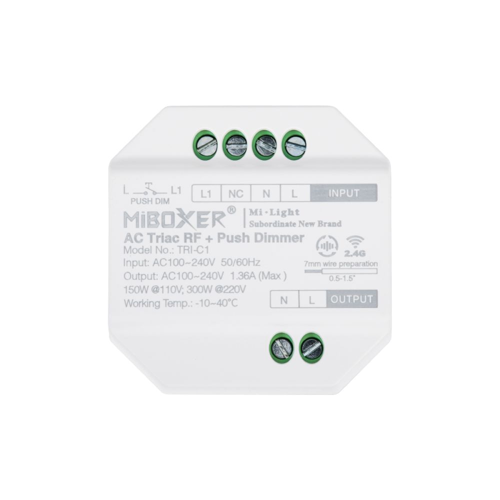 GLOBOSTAR® MiBOXER-TRI-C1 71432 AC Triac RF 2.4Ghz & Push Dimmer με 1 x 1.36A 300W Κανάλι AC 220-240V 1.36A 300W Max IP20 - RF 2.4Ghz & Push Dimming - Μ5 x Π5 x Υ2.3cm - 5 Χρόνια Εγγύηση