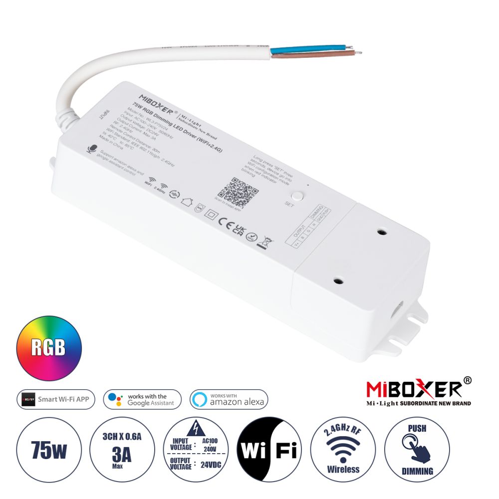 GloboStar® 71439 WL3-P75V24 Mi-BOXER DC Smart Wifi & RF 2.4Ghz & Push Dimming Power Supply Τροφοδοτικό SELV & Controller / Dimmer All in One 3 Καναλιών AC100-240V σε DC 24V 3 x 0.6A 14.4W - Max 3A 75W - IP20 RGB Μ19 x Π5.5 x Υ3.2cm - 5 Years W