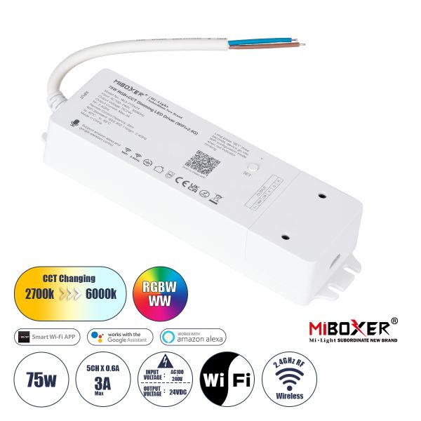 GloboStar® 71441 WL5-P75V24 Mi-BOXER DC Smart Wifi & RF 2.4Ghz Power Supply Τροφοδοτικό SELV & Controller / Dimmer All in One 5 Καναλιών AC100-240V σε DC 24V 5 x 0.6A 14.4W - Max 3A 75W - IP20 RGBW+WW Μ19 x Π5.5 x Υ3.2cm - 5 Years Warranty