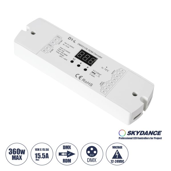 GloboStar® 71446 D1-L SKYDANCE DC DMX & RDM Dimmer High Speed Controller / Decoder 1 Καναλιού DC 12-24V 1 x 15.5A 360W - Max 15.5A 360W - IP20 Μ17 x Π5 x Υ2.5cm - 5 Years Warranty