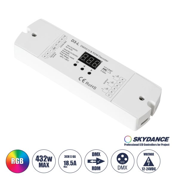 GloboStar® 71447 D3-L SKYDANCE DC DMX & RDM Dimmer High Speed Controller / Decoder 3 Καναλιών DC 12-24V 3 x 6A 144W - Max 18.5A 432W - IP20 Μ17 x Π5 x Υ2.5cm - 5 Years Warranty