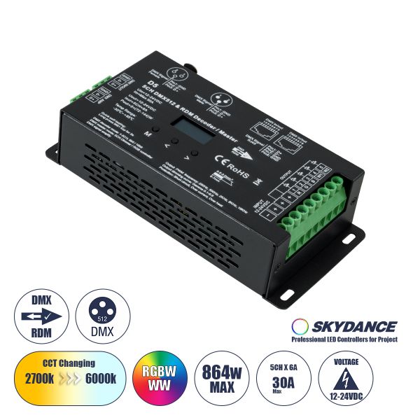 GloboStar® 71448 D5 SKYDANCE DC DMX & RDM Dimmer High Speed Controller / Decoder 5 Καναλιών DC 12-24V 5 x 6A 144W - Max 30A 864W - IP20 Μ17 x Π8 x Υ4cm - 5 Years Warranty