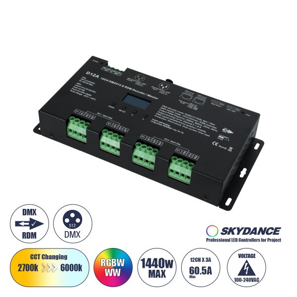 GloboStar® 71451 D12A SKYDANCE DC DMX & RDM Dimmer High Speed Controller / Decoder / Master 12 Καναλιών DC 12-24V 12 x 5A 120W - Max 60.5A 1440W - IP20 Μ25 x Π11.5 x Υ4cm - 5 Years Warranty