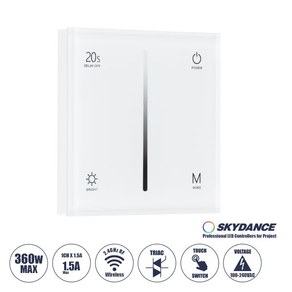 GloboStar® 71452 S1-T SKYDANCE AC Smart RF 2.4Ghz & Αφής - Touch Triac Dimming AC100-240V σε AC100-240V 1 x 1.5A 360W - Max 1.5A 360W - IP20 - Λευκό Σώμα - Μ8.5 x Π8.5 x Υ3.2cm - 5 Years Warranty