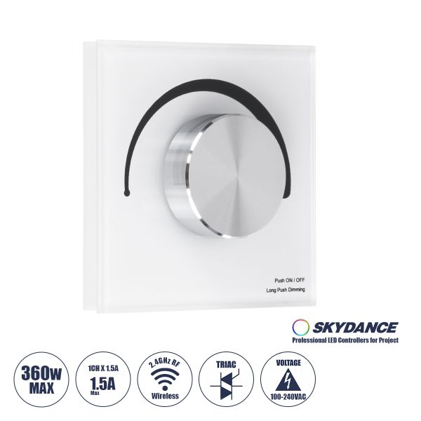 GloboStar® 71454 S1-K SKYDANCE AC Smart RF 2.4Ghz & Ροοστάτη - Push ON/OFF Triac Dimming AC100-240V σε AC100-240V 1 x 1.5A 360W - Max 1.5A 360W - IP20 - Λευκό Σώμα - Μ8.5 x Π8.5 x Υ5cm - 5 Years Warranty