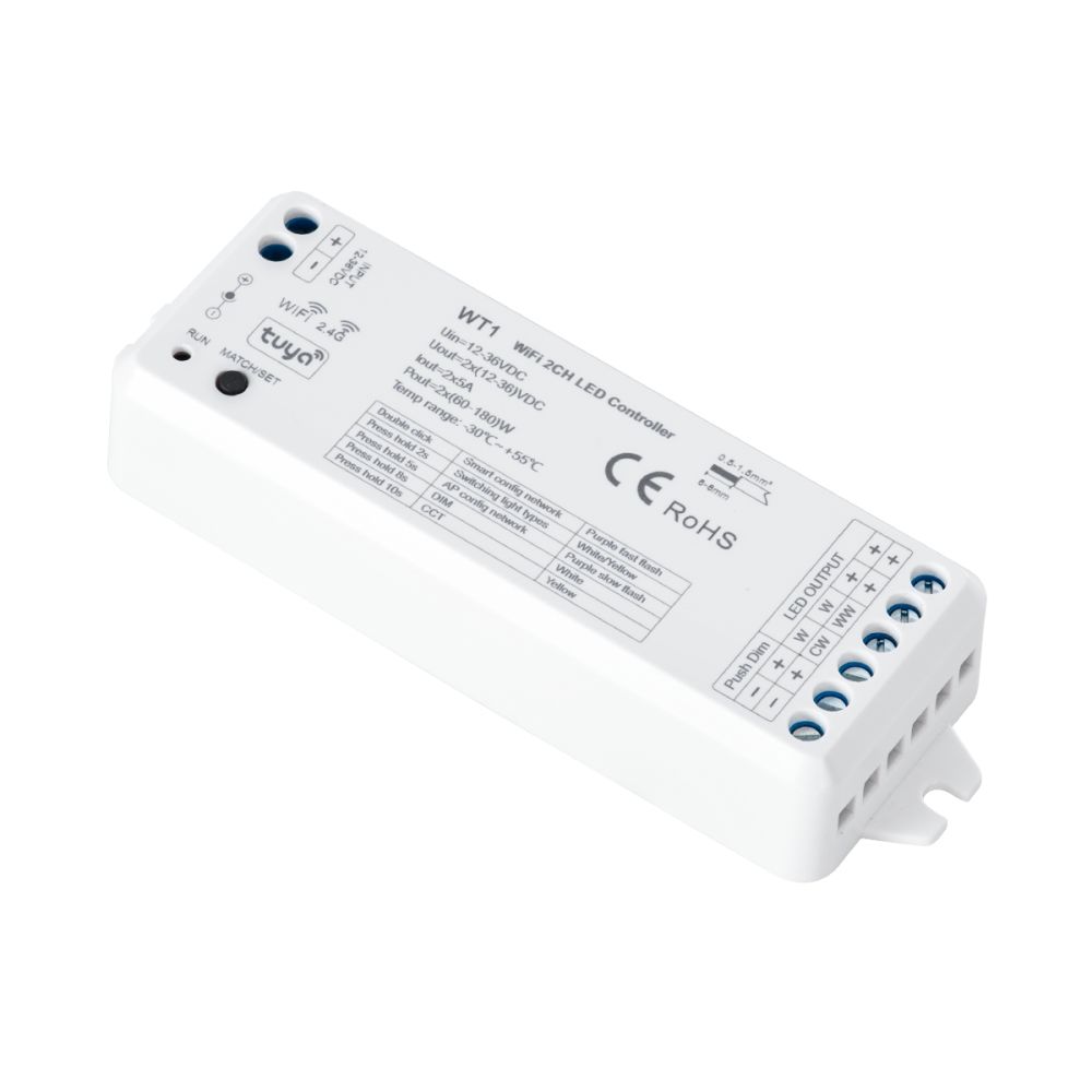 GLOBOSTAR® SKYDANCE-WT1 71468 DC WiFi & RF 2.4Ghz & Push Dimmer / Controller με 2 x 5A 90W Κανάλια DC 12-36V 10A 180W Max IP20 - WiFI & RF 2.4Ghz & Push Dimming - Μ11.5 x Π3.5 x Υ2cm - 5 Χρόνια Εγγύηση