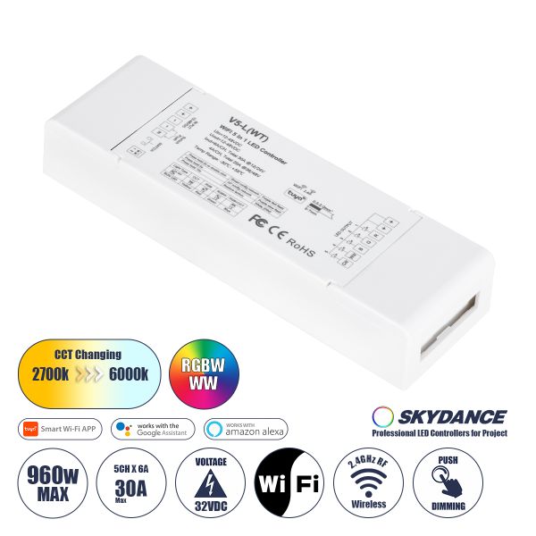 GloboStar® 71470 V5-L SKYDANCE DC WiFi & RF 2.4Ghz Dimmer High Speed Controller 5 Καναλιών DC 12-48V 5 x 6A 288W - Max 30A 1440W - IP20 Μ18 x Π5.7 x Υ2.8cm - 5 Years Warranty