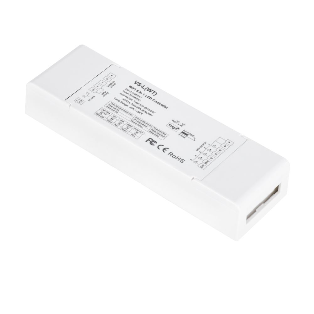GLOBOSTAR® SKYDANCE-V5-L(WT) 71470 DC WiFi & RF 2.4Ghz & Push Dimmer / Controller με 5 x 6A 288W Κανάλια DC 12-48V 30A 1440W Max IP20 - WiFI & RF 2.4Ghz & Push Dimming - Μ18 x Π5.7 x Υ2.8cm - 5 Χρόνια Εγγύηση