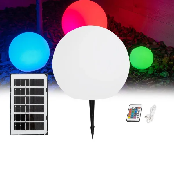 GLOBOSTAR® AQUAGLOW 71474 Μοντέρνο Φωτιστικό Κήπου Μπάλα με IR Ασύρματο Χειριστήριο LED 3W 240lm 360° DC 5V με USB-C με Ενσωματωμένο Φωτοβολταϊκό Panel 6V 1W & Επαναφορτιζόμενη Μπαταρία Li-ion 3.7V 2x18650 1400mAh Αδιάβροχο IP54 Πολύχρωμο RGBW Dimmabl