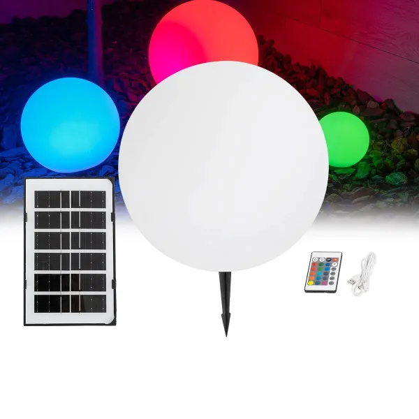 GLOBOSTAR® AQUAGLOW 71475 Μοντέρνο Φωτιστικό Κήπου Μπάλα με IR Ασύρματο Χειριστήριο LED 5W 400lm 360° DC 5V με USB-C με Ενσωματωμένο Φωτοβολταϊκό Panel 6V 1.5W & Επαναφορτιζόμενη Μπαταρία Li-ion 3.7V 3x18650 1800mAh Αδιάβροχο IP54 Πολύχρωμο RGBW Dimma