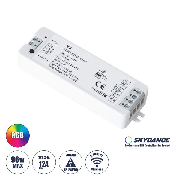 GloboStar® 71546 V3 SKYDANCE DC RF 2.4Ghz Dimmer High Speed Controller 3 Καναλιών DC 12-24V 3 x 5A 96W - Max 12A 288W - IP20 Μ10 x Π3.5 x Υ2cm - 5 Years Warranty