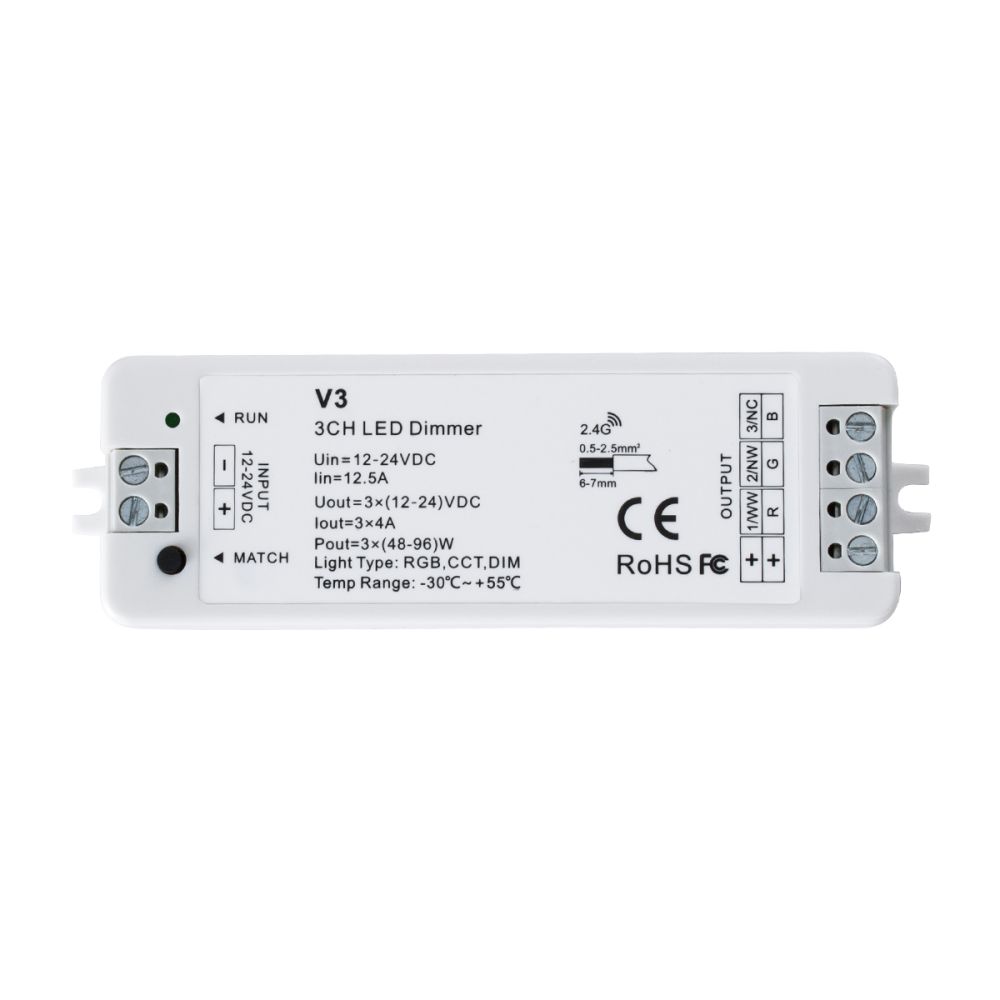GLOBOSTAR® SKYDANCE-V3 71546 DC RF 2.4Ghz Dimmer / Controller με 3 x 4A 96W Κανάλια DC 12-24V 12A 288W Max IP20 - RF 2.4Ghz - Μ10 x Π3.5 x Υ2cm - 5 Χρόνια Εγγύηση