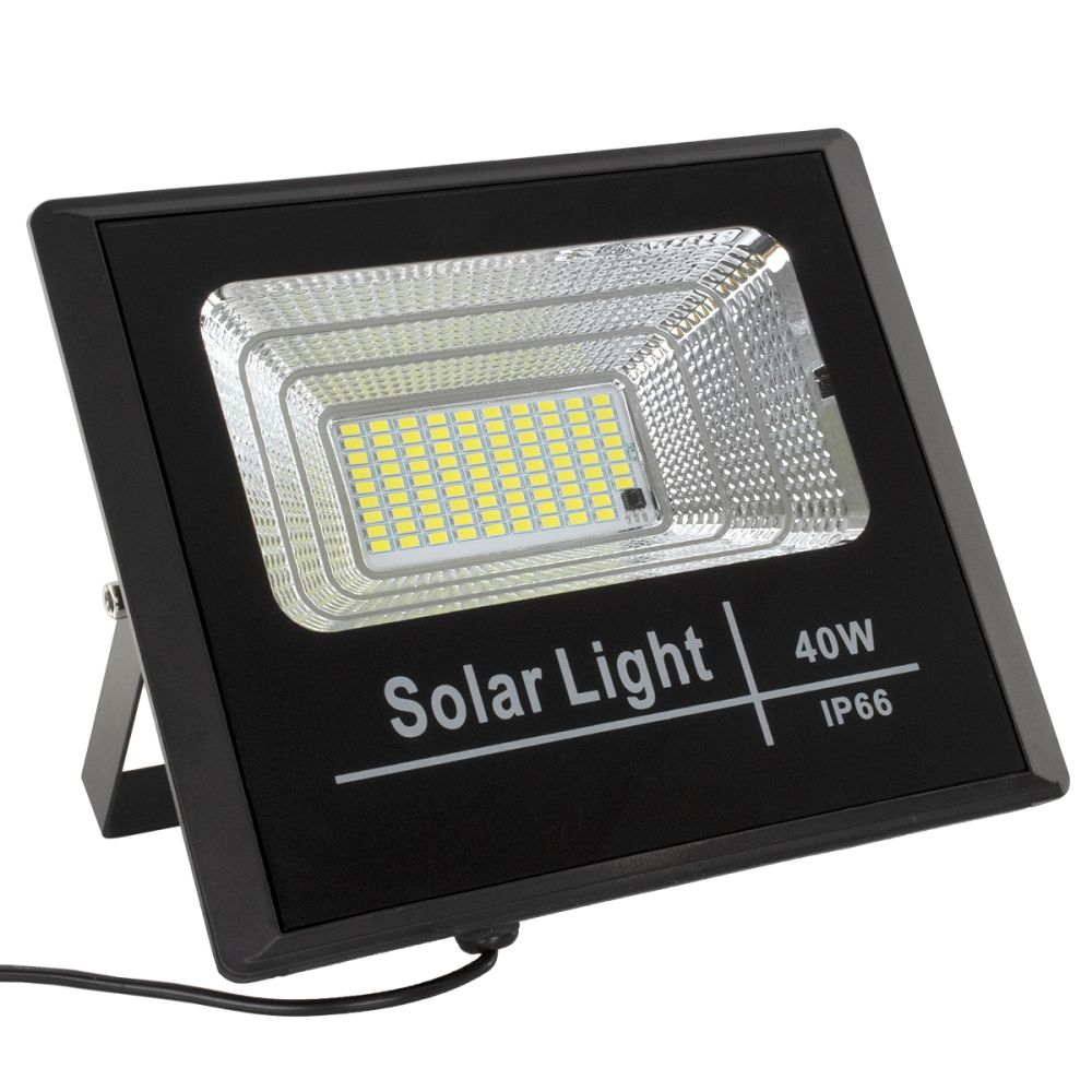 GLOBOSTAR® HERMES 71555 Προβολέας με IR Ασύρματο Χειριστήριο LED 40W 2000lm 120° DC 5V με Φωτοβολταϊκό Panel 5V 6W & Επαναφορτιζόμενη Μπαταρία Li-ion 3.2V 5000mAh Αδιάβροχο IP66 Ψυχρό Λευκό 6000K Dimmable - Sanan SMD Chip - Μαύρο - Μ23 x Π19.5 x Υ5cm 