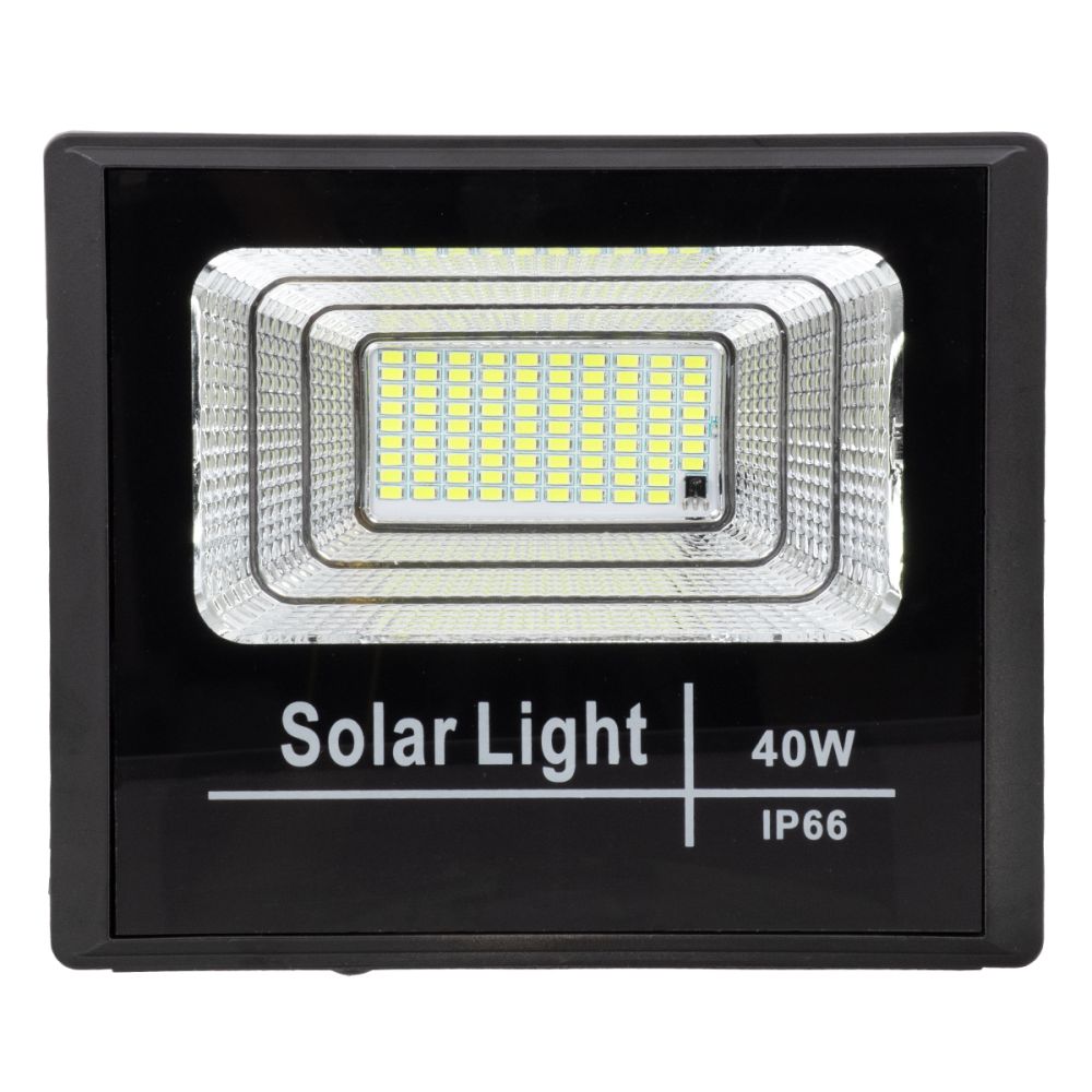 GLOBOSTAR® HERMES 71555 Προβολέας με IR Ασύρματο Χειριστήριο LED 40W 2000lm 120° DC 5V με Φωτοβολταϊκό Panel 5V 6W & Επαναφορτιζόμενη Μπαταρία Li-ion 3.2V 5000mAh Αδιάβροχο IP66 Ψυχρό Λευκό 6000K Dimmable - Sanan SMD Chip - Μαύρο - Μ23 x Π19.5 x Υ5cm 