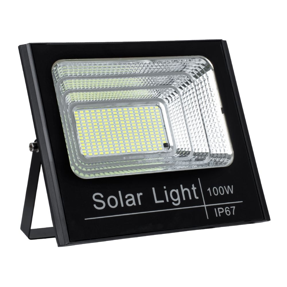 GLOBOSTAR® HERMES 71557 Προβολέας με IR Ασύρματο Χειριστήριο LED 100W 5000lm 120° DC 5V με Φωτοβολταϊκό Panel 5V 20W & Επαναφορτιζόμενη Μπαταρία Li-ion 3.2V 15000mAh Αδιάβροχο IP66 Ψυχρό Λευκό 6000K Dimmable - Sanan SMD Chip - Μαύρο - Μ31.5 x Π26.2 x 