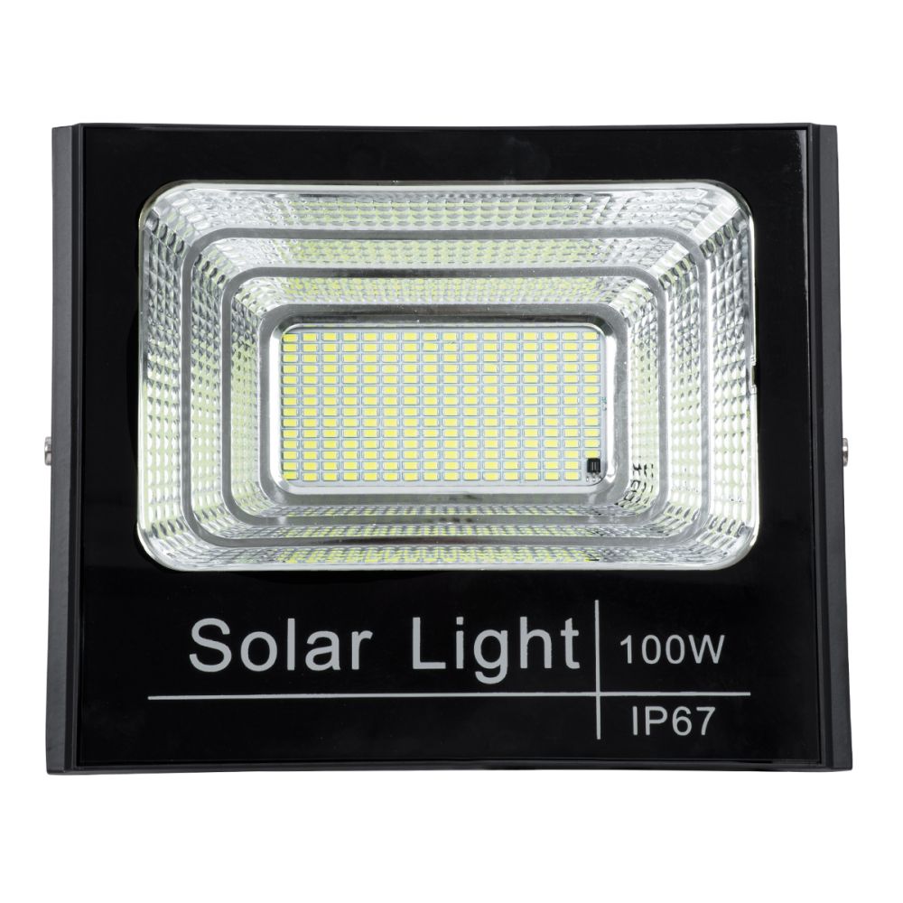 GLOBOSTAR® HERMES 71557 Προβολέας με IR Ασύρματο Χειριστήριο LED 100W 5000lm 120° DC 5V με Φωτοβολταϊκό Panel 5V 20W & Επαναφορτιζόμενη Μπαταρία Li-ion 3.2V 15000mAh Αδιάβροχο IP66 Ψυχρό Λευκό 6000K Dimmable - Sanan SMD Chip - Μαύρο - Μ31.5 x Π26.2 x 
