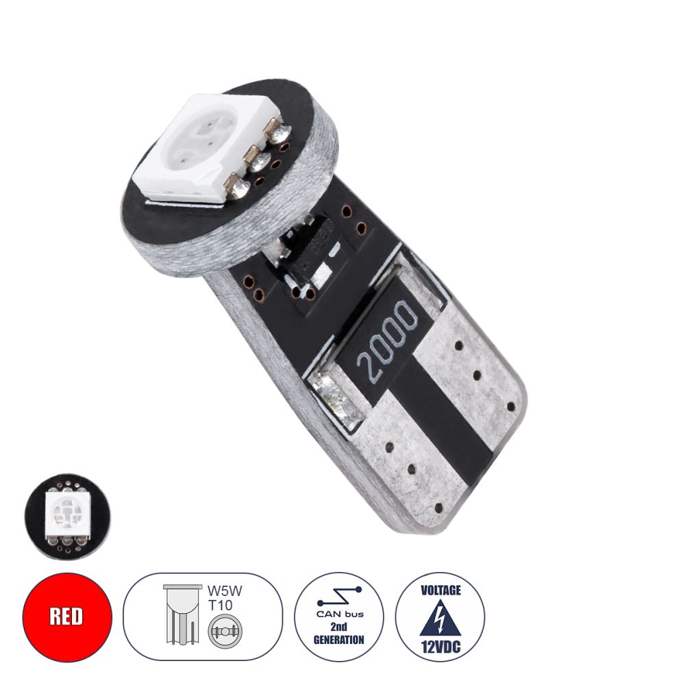 GloboStar® T10 W5W 71740 Λάμπα Αυτοκίνητου LED  2rd Generation Can-Bus Series 1xSMD5050 1.5W 120lm 120° DC 12V IP20 Φ1 x H2.2cm Κόκκινο