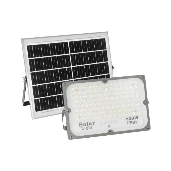 GLOBOSTAR® LUMOVOX 73068 Προβολέας LED 200W 10000lm 120° DC 5V με Φωτοβολταϊκό Panel 5V 12W & Επαναφορτιζόμενη Μπαταρία Li-ion 3.2V 10000mAh Αδιάβροχο IP67 Ψυχρό Λευκό 6000K - 180 x SMD2835 Sanan Chip - Γκρι Ανθρακί - Μ29.5 x Π5.5 x Υ19cm - 2 Χρόνια Ε