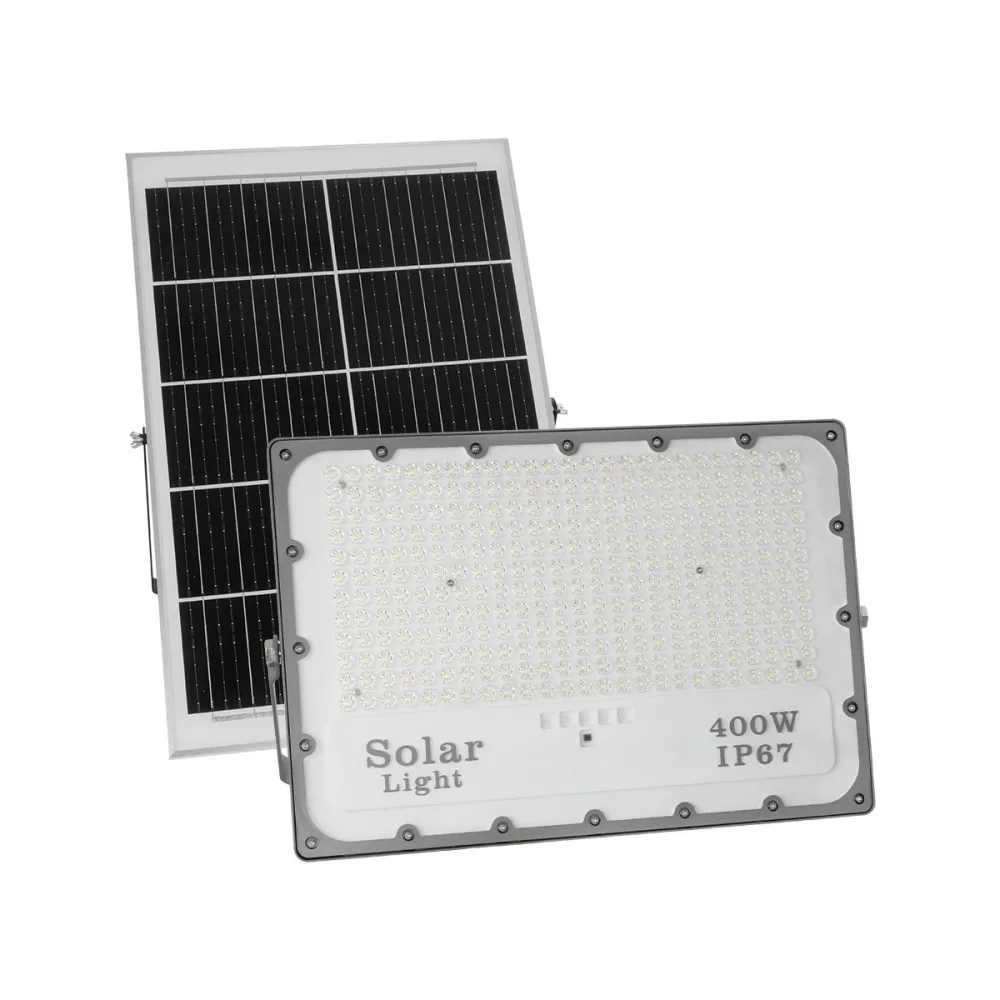 GLOBOSTAR® LUMOVOX 73070 Προβολέας LED 400W 20000lm 120° DC 5V με Φωτοβολταϊκό Panel 5V 25W & Επαναφορτιζόμενη Μπαταρία Li-ion 3.2V 20000mAh Αδιάβροχο IP67 Ψυχρό Λευκό 6000K - 400 x SMD2835 Sanan Chip - Γκρι Ανθρακί - Μ45 x Π7.5 x Υ30.5cm - 2 Χρόνια Ε
