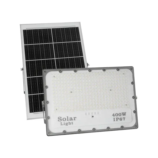 GLOBOSTAR® LUMOVOX 73070 Προβολέας LED 400W 20000lm 120° DC 5V με Φωτοβολταϊκό Panel 5V 25W & Επαναφορτιζόμενη Μπαταρία Li-ion 3.2V 20000mAh Αδιάβροχο IP67 Ψυχρό Λευκό 6000K - 400 x SMD2835 Sanan Chip - Γκρι Ανθρακί - Μ45 x Π7.5 x Υ30.5cm - 2 Χρόνια Ε