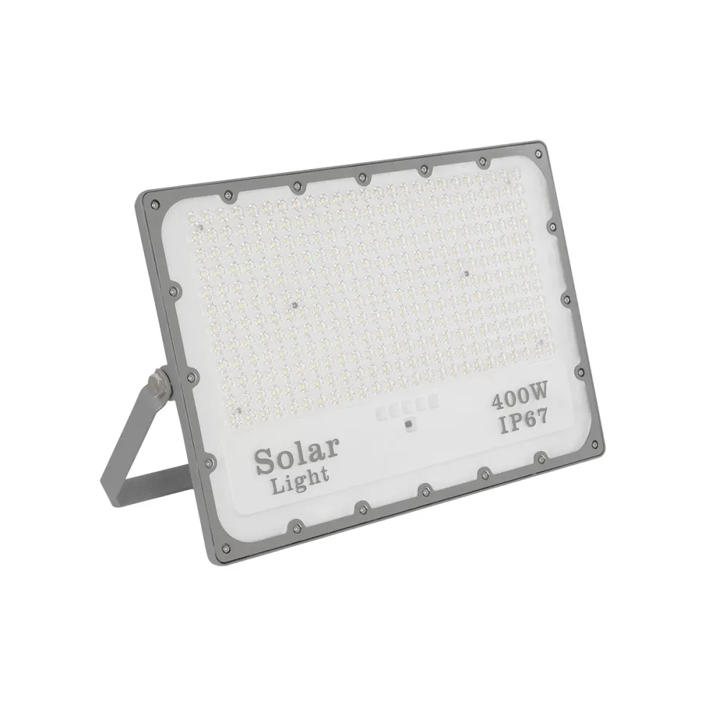 GLOBOSTAR® LUMOVOX 73070 Προβολέας LED 400W 20000lm 120° DC 5V με Φωτοβολταϊκό Panel 5V 25W & Επαναφορτιζόμενη Μπαταρία Li-ion 3.2V 20000mAh Αδιάβροχο IP67 Ψυχρό Λευκό 6000K - 400 x SMD2835 Sanan Chip - Γκρι Ανθρακί - Μ45 x Π7.5 x Υ30.5cm - 2 Χρόνια Ε