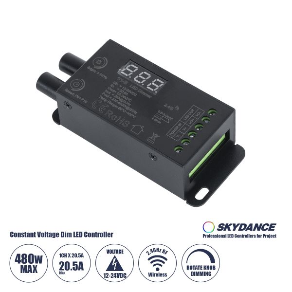 GloboStar® 73116 V1-B SKYDANCE DC RF 2.4Ghz Dimmer Constant Voltage Controller 1 Κανάλι DC 12-24V 1 x 20.5A 480W - Max 20.5A 480W - IP20 Μ9 x Π4 x Υ2.8cm - 5 Χρόνια Εγγύηση