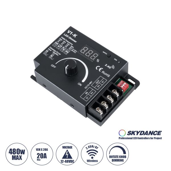 GloboStar® 73117 V1-K SKYDANCE DC RF 2.4Ghz Dimmer PWM Frequency Controller 1 Κανάλι DC 12-24V 1 x 20A 480W - Max 20A 480W - IP20 Μ10.7 x Π7.5 x Υ3.8cm - 5 Χρόνια Εγγύηση