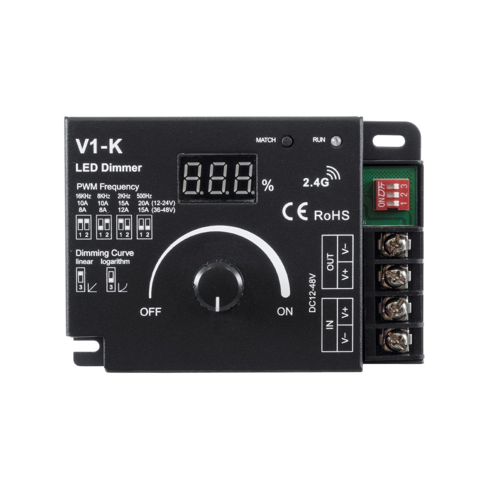 GLOBOSTAR® SKYDANCE-V1-K 73117 Dimmer με 1 x 20A 480W Κανάλι DC 12-48V 20A 480W Max IP20 - PWM - RF2.4Ghz - Μ10.7 x Π7.5 x Υ3.8cm - 5 Χρόνια Εγγύηση