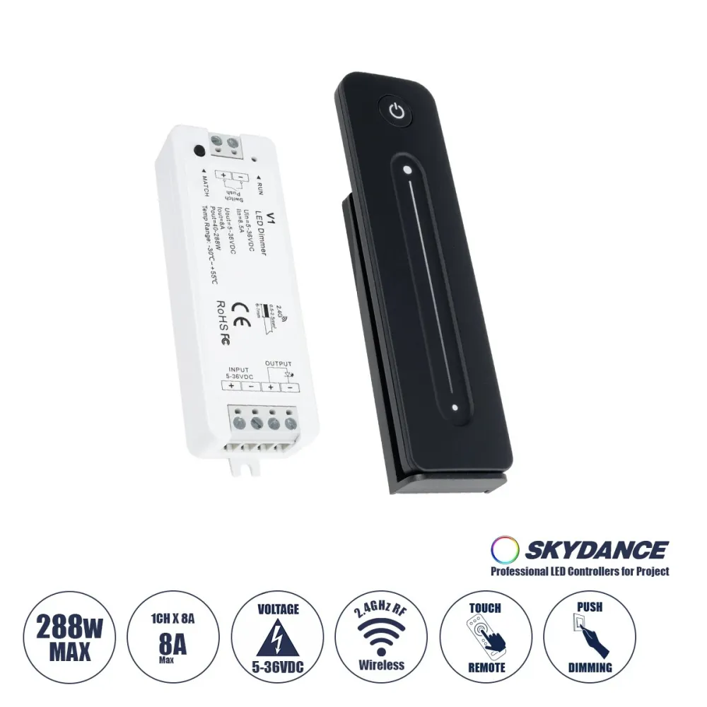 GLOBOSTAR® SKYDANCE-V1+R11 73119 DC RF 2.4Ghz Push Dimmer με RF Ασύρματο Χειριστήριο Αφής με 1 x 8A 288W Κανάλι DC 5-36V 8A 288W Max IP20 - RF 2.4Ghz & Push Dimming - Μ12.2 x Π5.3 x Υ1.7cm - 5 Χρόνια Εγγύηση