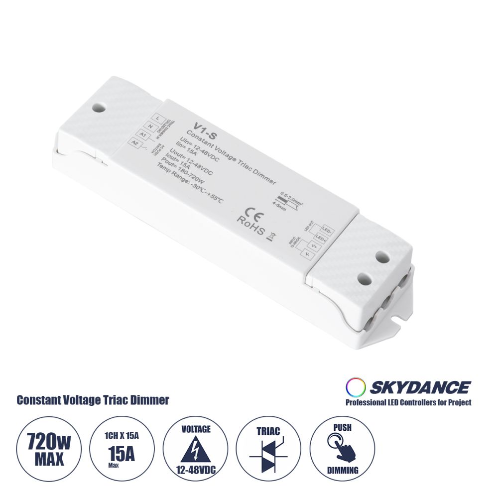 GLOBOSTAR® SKYDANCE-V1-S 73127DC Triac & Push Dimmer CV Τροφοδοτικό/Μετασχηματιστής SELV με 1 x 15A 720W Κανάλι AC 220-240V σε DC 12-48V 15A 720W Max IP20 - Triac & Push Dimming - Μ17.5 x Π4.5 x Υ2.5cm - 5 Χρόνια Εγγύηση