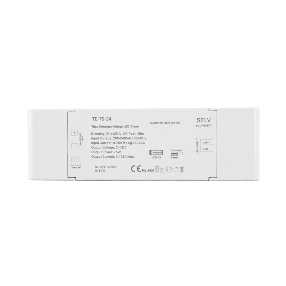 GLOBOSTAR® SKYDANCE-TE-75-24 73130 DC Triac & Push Dimmer CV Τροφοδοτικό/Μετασχηματιστής SELV με 1 x 3.125A 75W Κανάλι AC 220-240V σε DC 24V 3.125A 75W Max IP20 - Triac & Push Dimming - Μ18 x Π5.7 x Υ3cm - 5 Χρόνια Εγγύηση