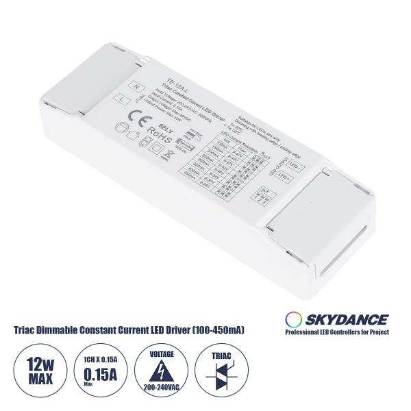 GloboStar® 73132 TE-12A-L SKYDANCE AC Triac Dimmable Constant Current LED Driver 1 Κανάλι AC 200-240V 1 x 0.15A 12W - Max 0.15A 12W - IP20  Μ11.1 x Π3.7 x Υ2cm - 5 Χρόνια Εγγύηση