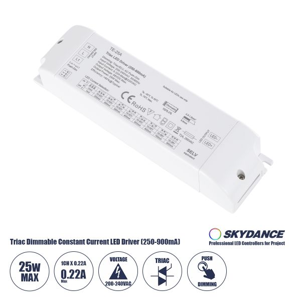 GloboStar® 73134 TE-25A SKYDANCE AC Triac Dimmable Constant Current LED Driver 1 Κανάλι AC 200-240V 1 x 0.22A 25W - Max 0.22A 25W - IP20  Μ17.5 x Π4.4 x Υ3cm - 5 Χρόνια Εγγύηση