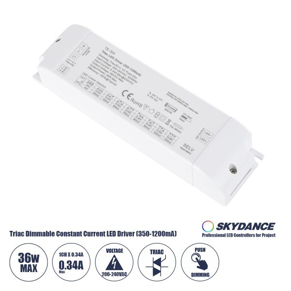 GloboStar® 73135 TE-36A SKYDANCE AC Triac Dimmable Constant Current LED Driver Push Dimming 1 Κανάλι AC 200-240V 1 x 0.34A 36W - Max 0.34A 36W - IP20 Μ17.5 x Π4.4 x Υ3cm - 5 Χρόνια Εγγύηση