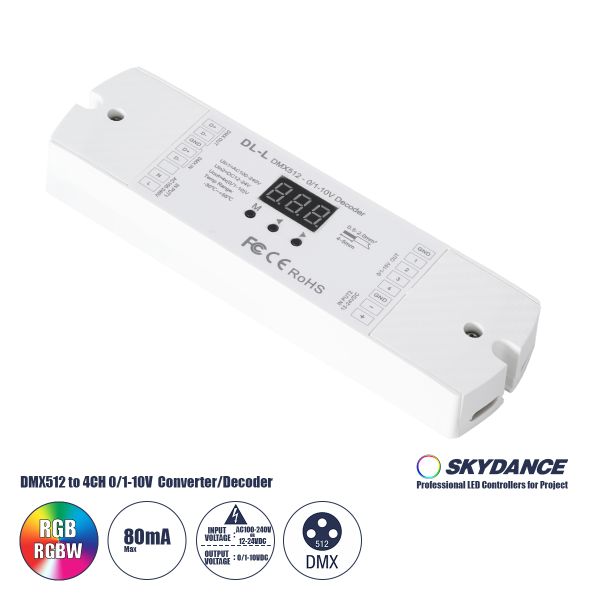 GloboStar® 73140 DL-L SKYDANCE AC DMX512 to 0/1-10V Converter / Decoder 4 Καναλιών - 2 Inputs DC 12-24V ή AC 100-240V - IP20  Μ17 x Π5 x Υ2.5cm - 5 Χρόνια Εγγύηση