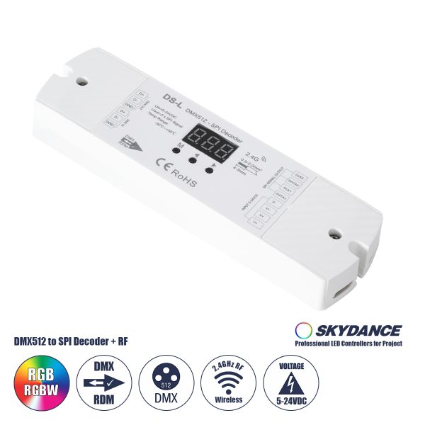 GloboStar® 73142 DS-L SKYDANCE DC RF 2.4Ghz DMX512 to SPI Decoder DC 5-24V - IP20  Μ17 x Π5 x Υ2.5cm - 5 Χρόνια Εγγύηση