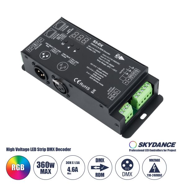 GloboStar® 73144 S3-DX SKYDANCE AC DMX512 High Voltage LED Strip Decoder 3 Καναλιών AC 110-240V 3 x 1.5A 360W - Max 4.6A 360W - IP20 Π16.5 x Π7 x Υ3.7cm - 5 Χρόνια Εγγύηση