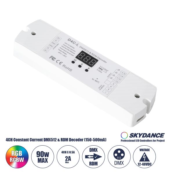 GloboStar® 73145 D4C-L SKYDANCE DC DMX512 Constant Current & RDM Decoder 4 Καναλιών DC 12-48V 4 x 0.5A 22.5W - Max 2A 90W - IP20  Μ17 x Π5 x Υ2.5cm - 5 Χρόνια Εγγύηση