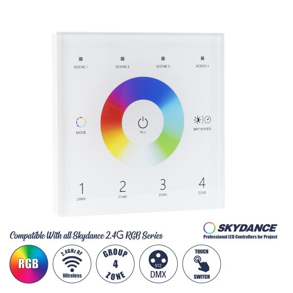 GloboStar® 73161 T13 SKYDANCE Ασύρματο DMX512 Επιτοίχιο Χειριστήριο RF 2.4Ghz 4 Group για όλα τα SKYDANCE DMX512 Controller AC 100-240V Max 0.1A - IP20  Μ8.5 x Π8.5 x Υ3.5cm - 5 Χρόνια Εγγύηση